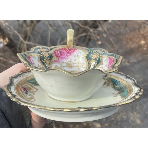 Antique Porcelain Hand Painted Gilt Mayonnaise Sauce Dish w Underplate Victorian - Picture 6 of 16